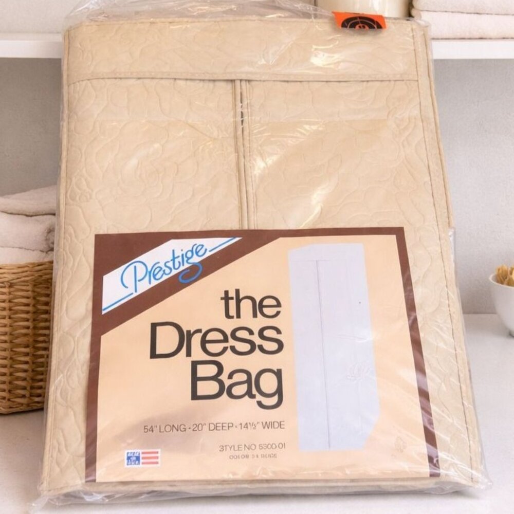 Prestige Dress Garment Bag Beige Quilted VTG Vinyl Closet Retro Storage USA